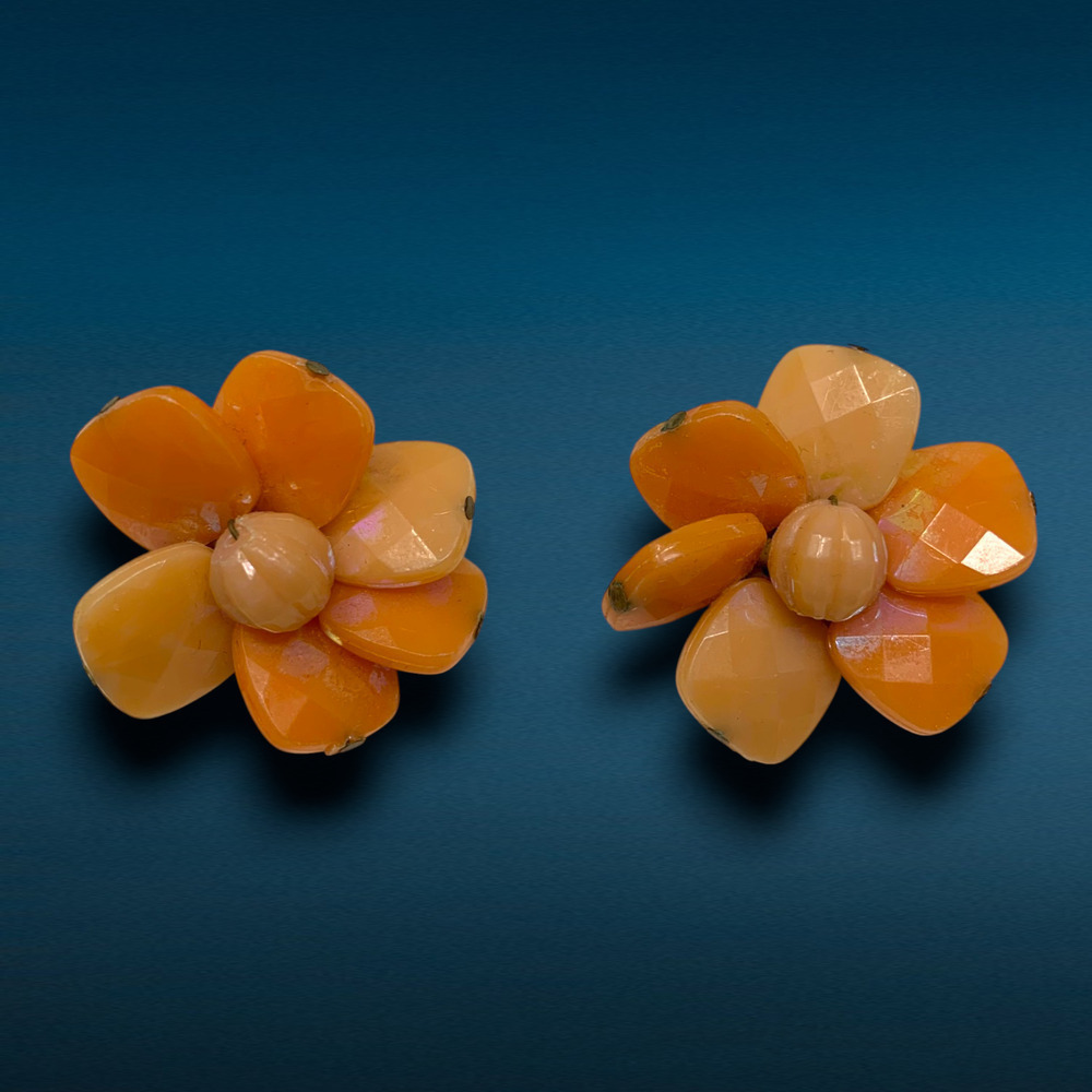 Vintage 1960s Faceted Beaded Flower Earrings Clip On Orange West Germany Couture